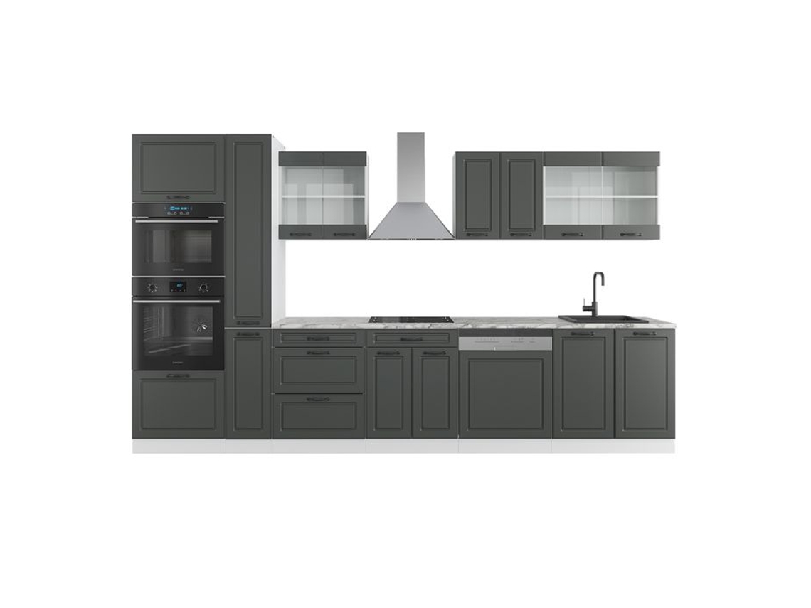 Linha de cozinha R-Line, 350 cm com armário alto, PT Mármore, Country house antracite/branco, Vicco