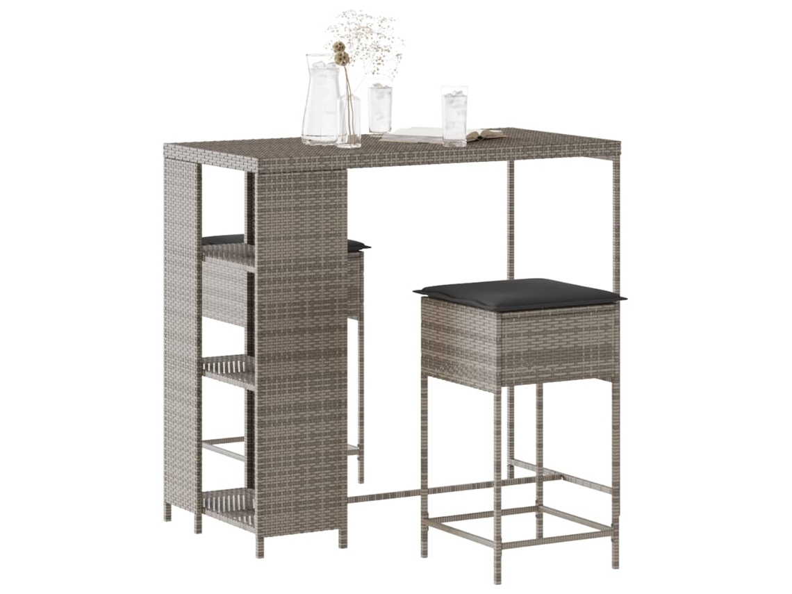 Vidaxl 3 Pcs Conjunto De Bar P/ Jardim C/ Almofadões Vime Pe Cinzento
