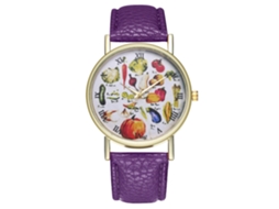 Relógio de quartzo unissex com pulseira de couro PU, mostrador com estampa de frutas, casual e moderno (roxo)