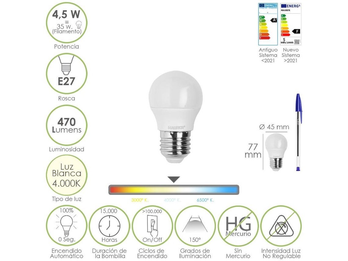Bombilla led esferica rosca e27 4.5 watt. equivale a 55 watt. 470 lumenes. luz neutra (4000  k)
