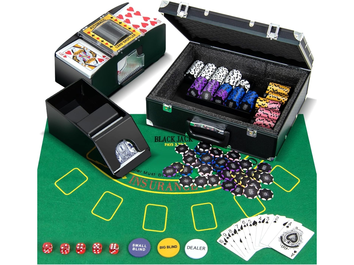 Conjunto de 300 Fichas de Póquer Jogo de Póquer de Casino 2 Baralhos de Cartas 5 Dados e 3 Botões Do Dealer Feltro de Póquer COSTWAY