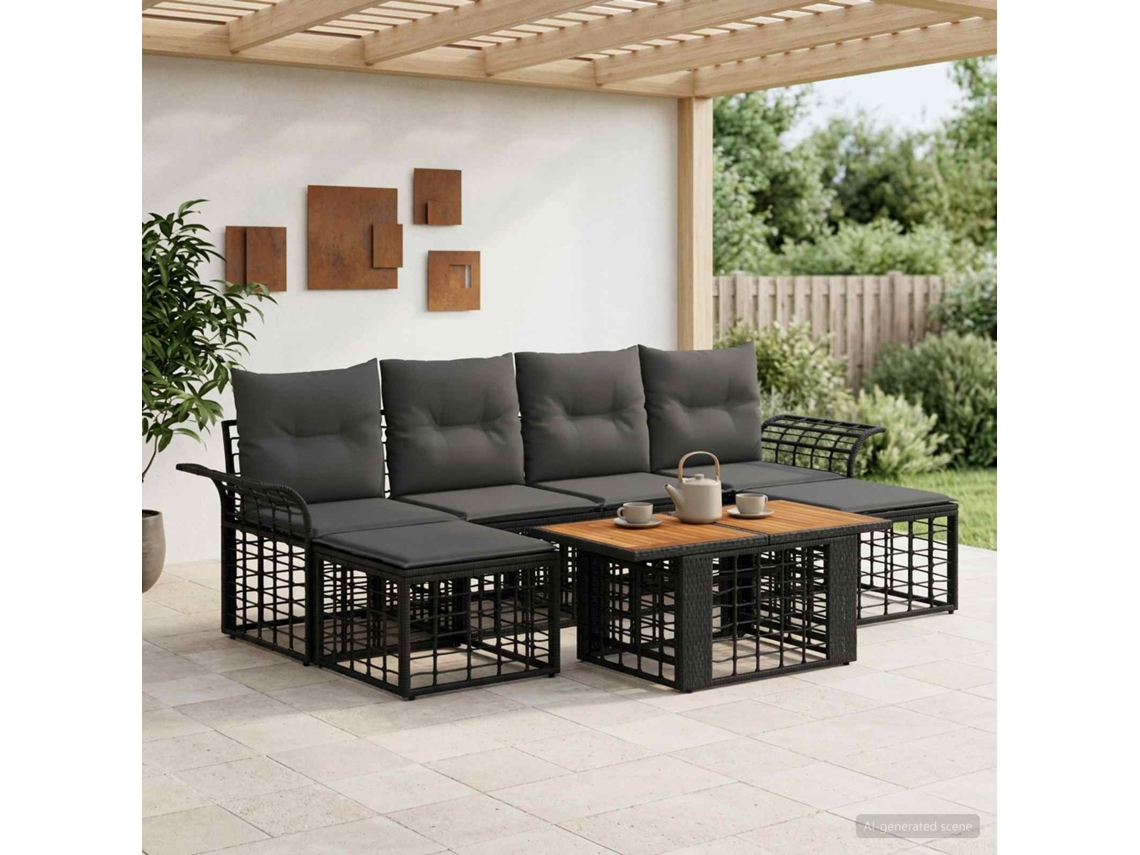 Vidaxl Conjunto De Sofá De Jardim 7 Unid. Preto E Cinza Escuro Vime Pe