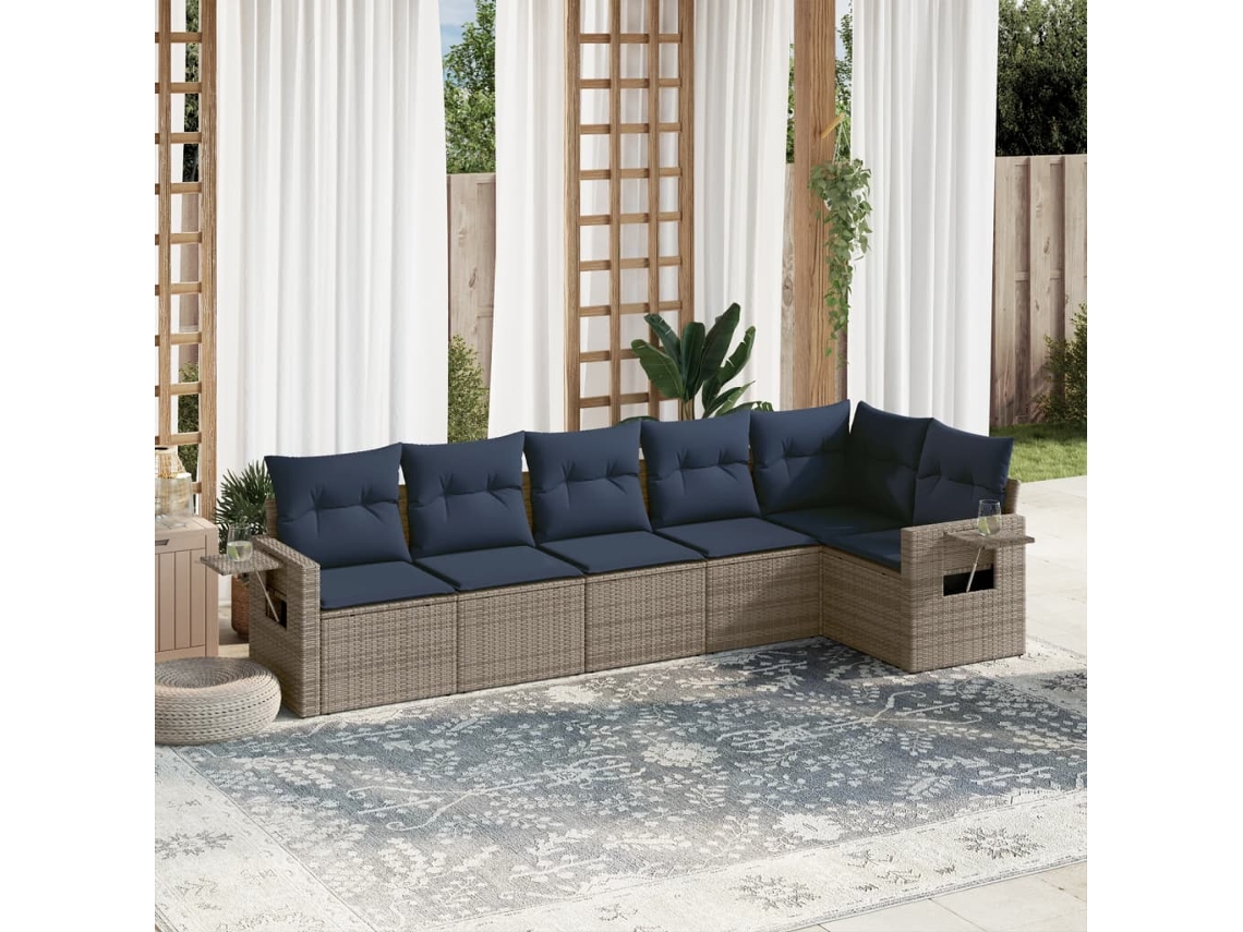 Vidaxl Conjunto De Sofá De Jardim Com 7 Peças E Almofadas Em Rattan Sintético Cinza