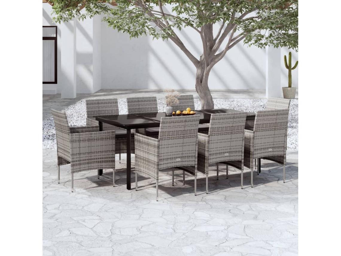 Vidaxl 9 Pcs Conjunto De Jantar Para Jardim C/ Almofadões Cinza/preto