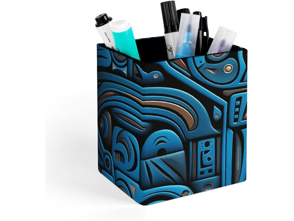 Porta Canetas Quadrado sobre Mesa de Couro, Porta Pinceis de Maquiagem, Organizador de Canetas, Design Tribal Azul E