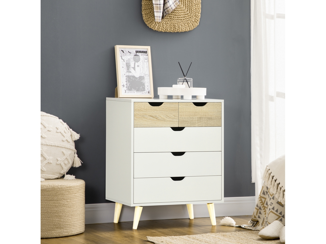 Cómoda Moderna 5 Gavetas Pernas Elevadas Anti-tombo Quarto 60x40x77,5 Cm Madeira E Branco