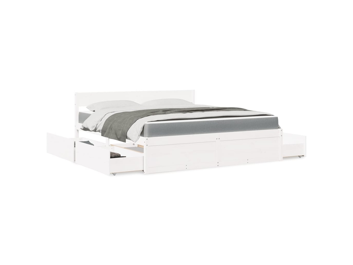 Vidaxl Cama Com Gavetas E Colchão 180x200 Cm Pinho Maciço Branco