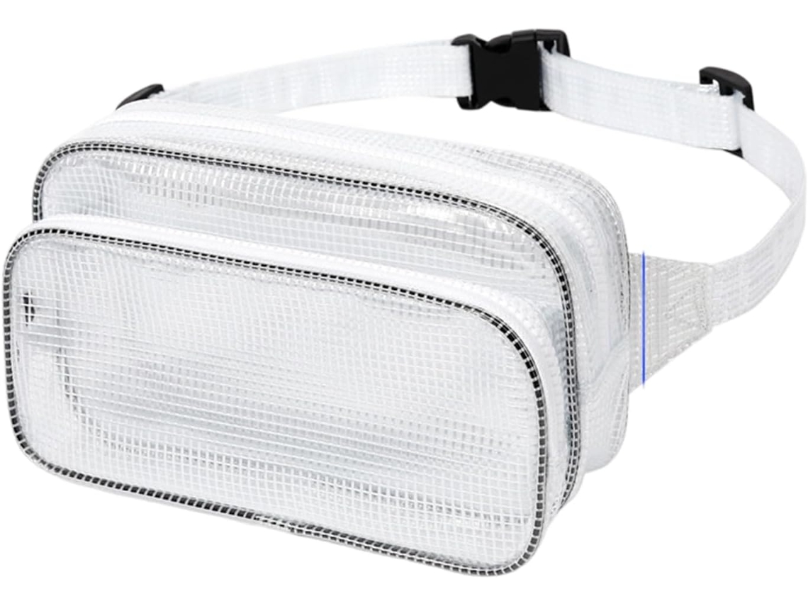 Cinto de cintura expansível e ajustável em PVC transparente com compartimentos antiestáticos para caminhadas e acessórios.