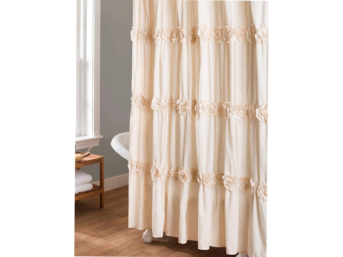 Cortina Darla Com Franzidos, Estampa Floral, Cor Marfim, Poliéster E Algodão, 182,88 X 182,88 Cm, 183 X 183 Cm