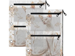 Estojo Com Fecho Zip 3 Argolas, Estampa De Gato Cornish Rex, Branco