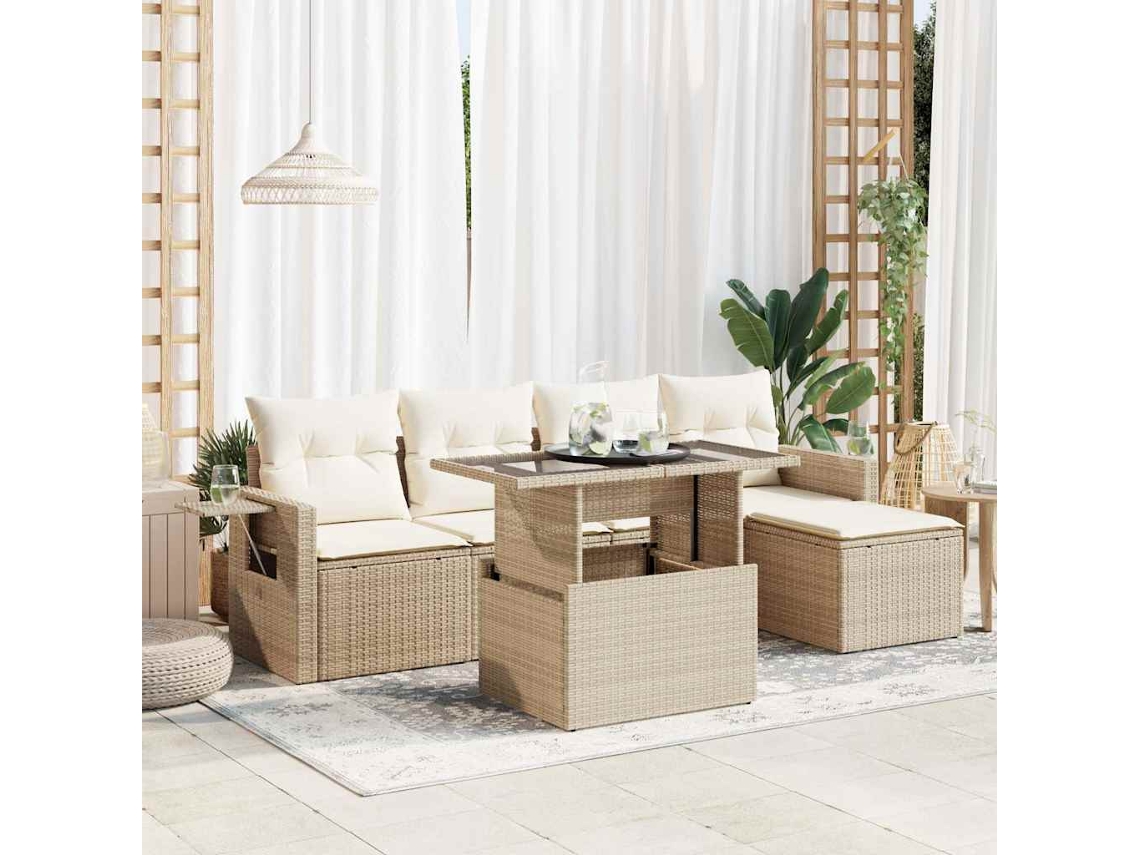 Vidaxl 6 Pcs Conjunto De Sofás P/ Jardim Com Almofadões Vime Pe Bege