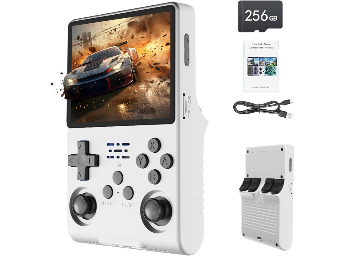 Console Portátil R40s Pro 30.000 Jogos, Tela Ips 3.5, Bateria 3800mah, 12 Emuladores, Cor Branco, 256gb. Sfushos
