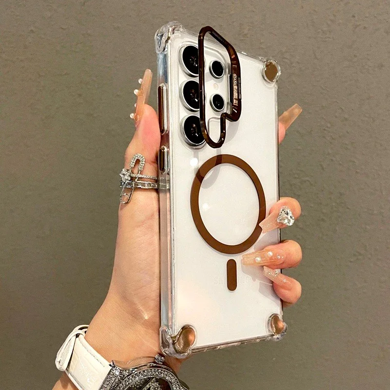 Capa Transparente Para Celular (galaxy S25 Dourada), Compatível Com Carregamento Sem Fio E Suporte.