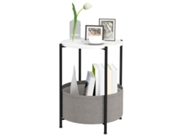 Mesa Auxiliar Redonda De 2 Níveis Com Cesto Têxtil, Mesa De Café Para Sala Quarto Espaços Pequenos Metal Cinza Branco