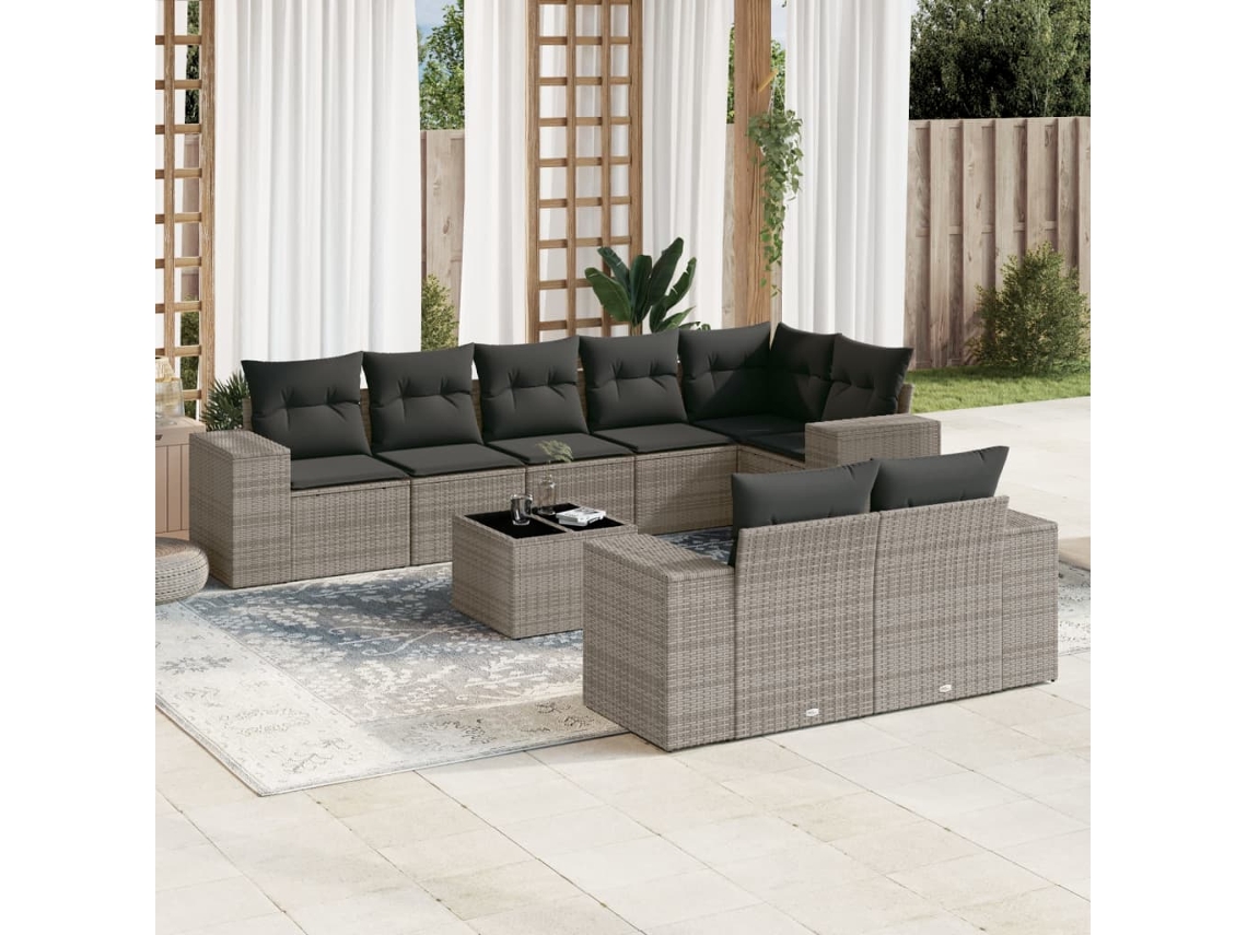 Vidaxl 9 Pcs Conjunto Sofás P/ Jardim Com Almofadões Vime Pe Cinzento