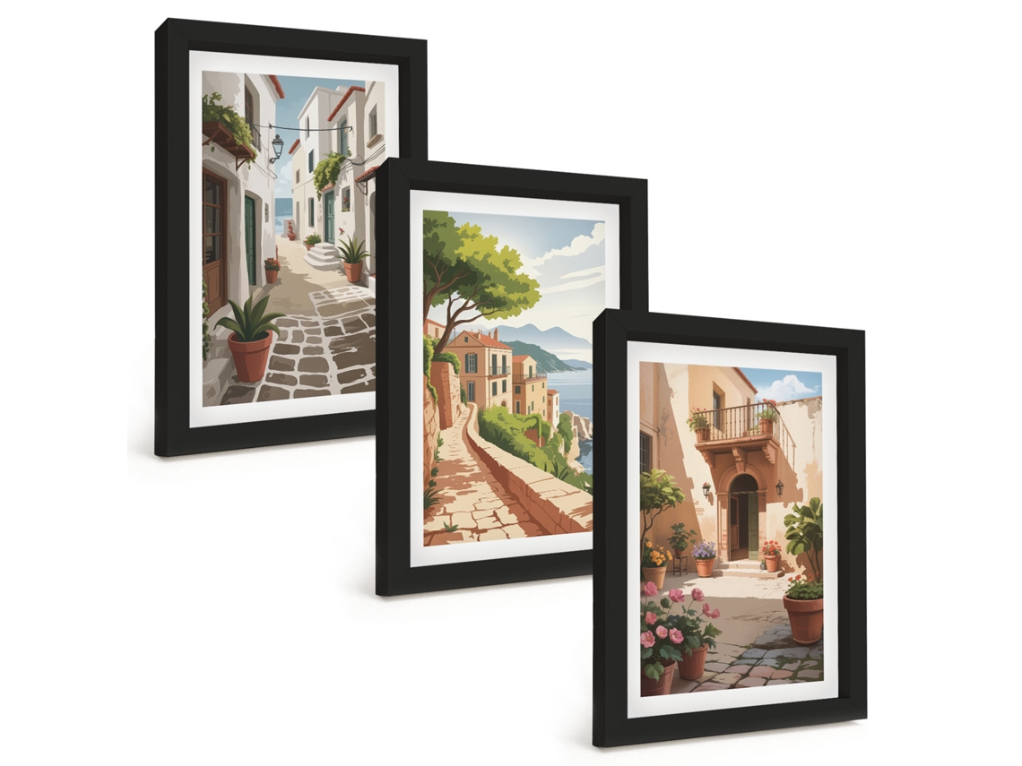 Galeria De Pinturas Muraisruas, Casas, Plantas, Vasos Moldura Preta Fotos Para O Escritório Espelharte (3 Peças 20x30 Cm)