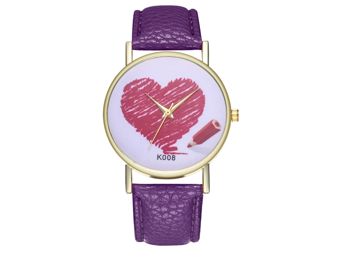Relógio de pulso Zhoulianfa para casais, em couro PU, com mecanismo de quartzo e mostrador simples com desenho de coração (roxo)