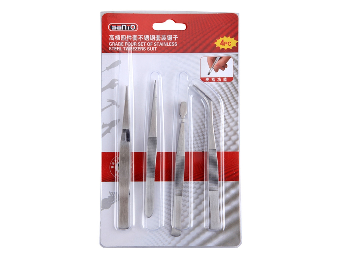 Set De 4 Pinças De Aço Inoxidável Para Manutenção: Pontiagudas, Curvas E Planas, Precisão E Robustez