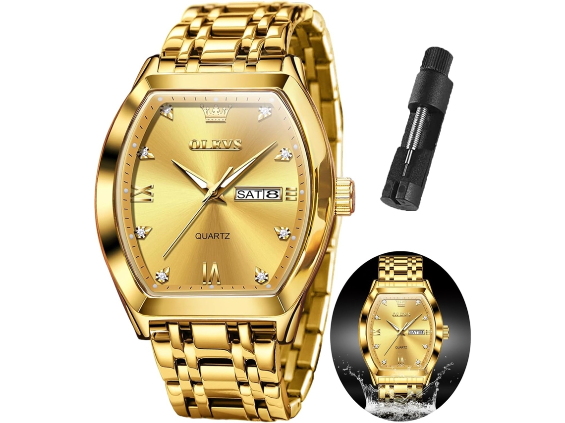 Lurelia Relógio Masculino, Movimento De Quartzo, Luminoso, Detalhes Com Strass, Aço Inoxidável, Resistente À Água 30m, Dourado