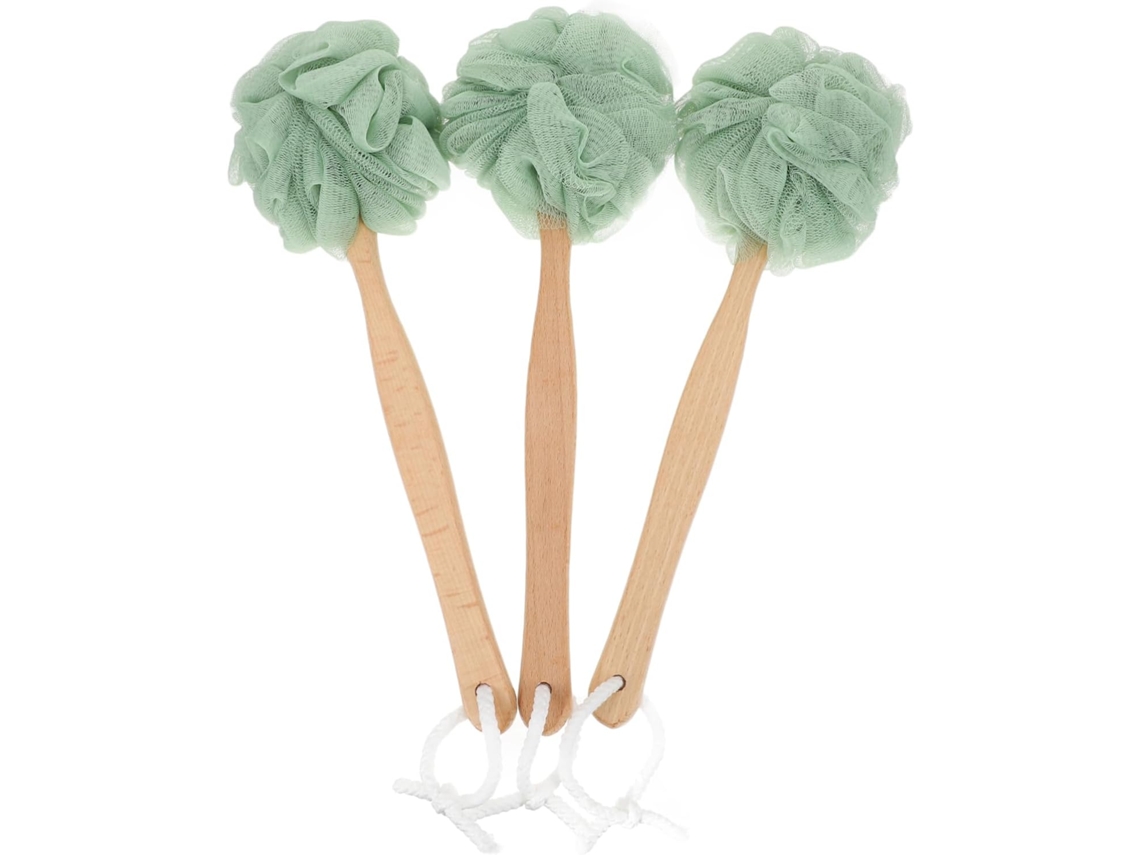 Conjunto Eringogo De 3 Escovas Banho Com Cabo Longo 35cm Em Madeira E Nylon, Verde, Para Esfoliação Corporal, Costas E