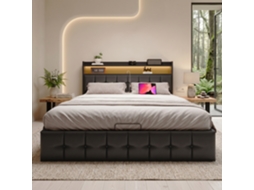 Cama Dupla 140x190 Cm com Cabeceira Estante, Cama de Casal em Pele Sintética com Led e Portas Usb, Base com Arrumação Baú, Preto RESETIZE