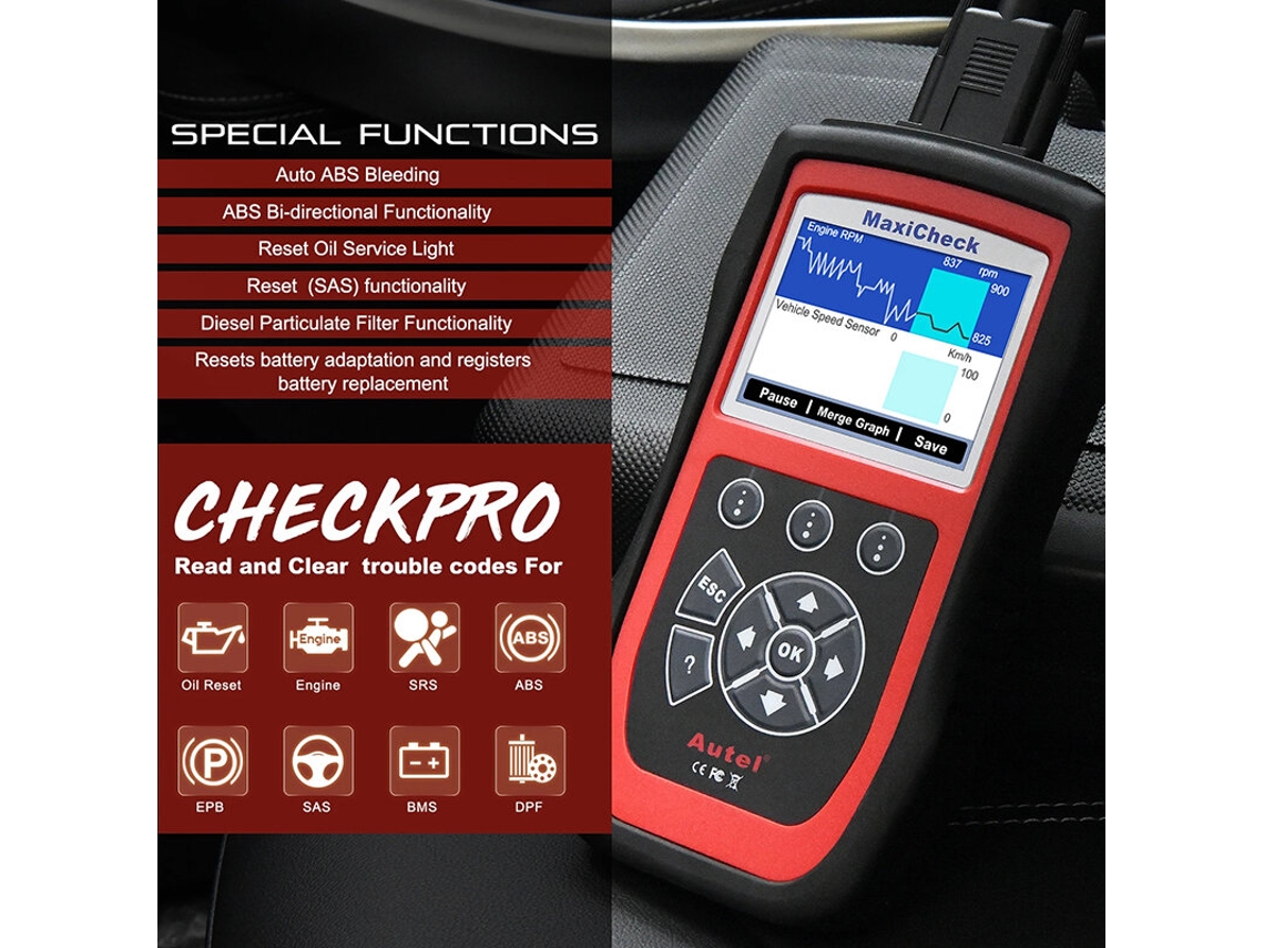 1-autel Maxicheck Pro Obd2 Scanner Ferramenta De Diagnóstico Automóvel Reposição De Óleo Abs Airbag Sas Epb Dpf Suporta 12 Idiomas