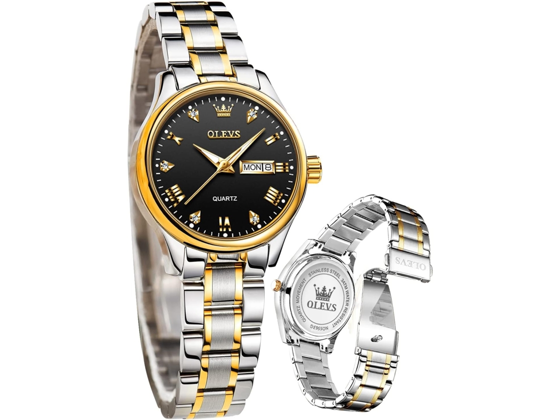 Lurelia Relógio Feminino, Movimento De Quartzo, Analógico, Data/calendário, Luminoso, Duplo Fuso/mostrador, Detalhes Com Strass, Aço Inoxidável, Preto