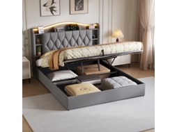 Cama Hidráulica 140x200cm Veludo Creme com Led, Tomada USB, Sem Colchão BURSDANY