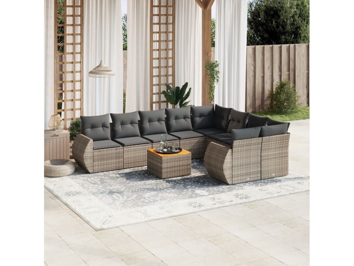 Vidaxl 10 Pcs Conjunto Sofás De Jardim C/ Almofadões Vime Pe Cinzento
