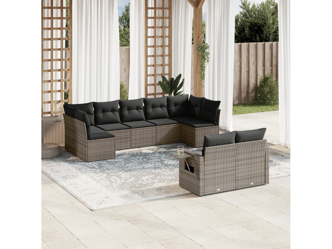 Vidaxl 9 Pcs Conjunto Sofás P/ Jardim Com Almofadões Vime Pe Cinzento