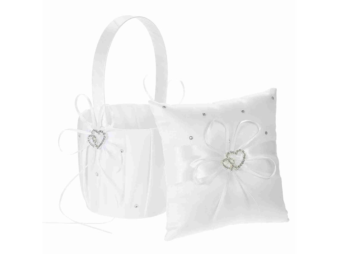 Conjunto Travesseiro de Anel Coração Duplo e Cesta Menina Das Flores Cetim com Strass Branco 6x6polegadas | S/MARCA