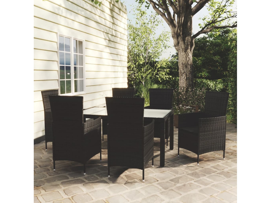 Vidaxl 7 Pcs Conjunto Jantar Exterior Com Almofadões Vime Pe Preto