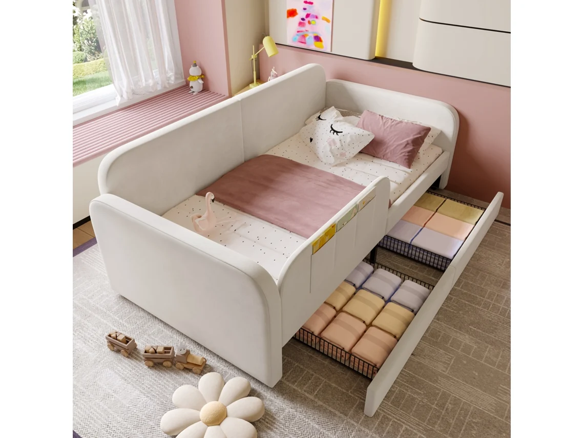 Cama 90x200 Infantil Bolsos Gavetas Veludo Metal VOLTEDGE