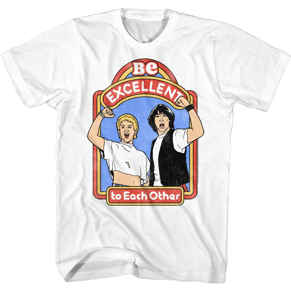 Unisex Adult T-shirt Rockinstone Bill And Ted Excellent Storybook White Sizexl