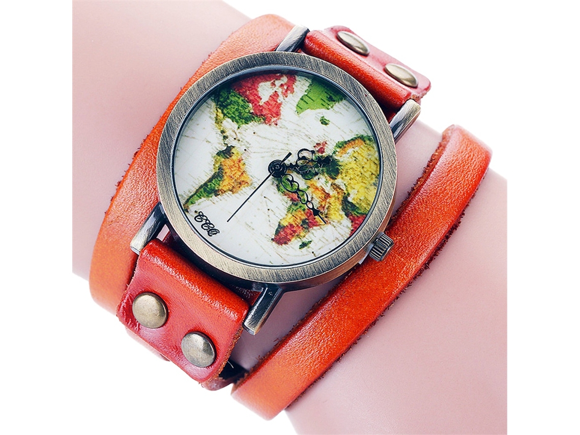 Relógio de Pulso Feminino Ccq Multicamadas Mapa Retro Pulseira Pu Laranja