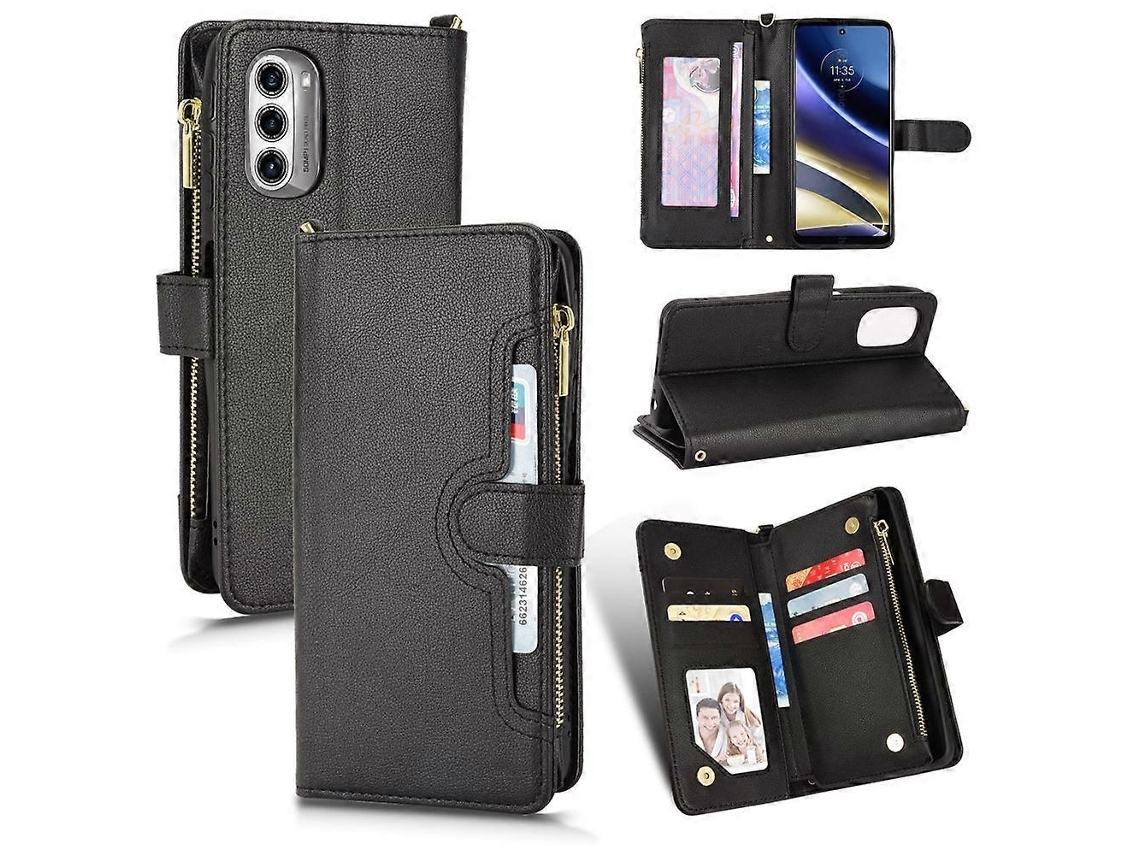 Capa De Celular Motorola Moto G52j 5g Em Couro Com Zíper E Textura De Lichia.