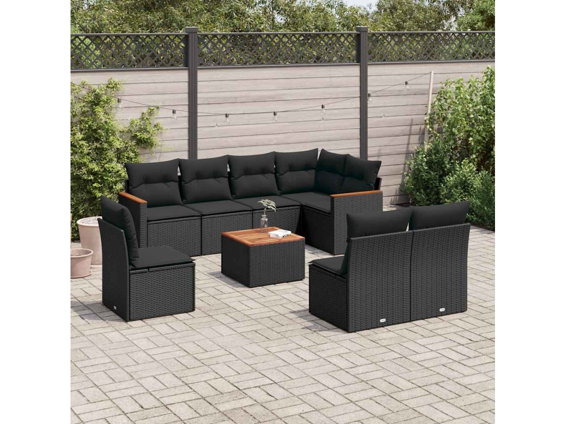 Vidaxl 9 Pcs Conjunto De Sofás P/ Jardim C/ Almofadões Vime Pe Preto