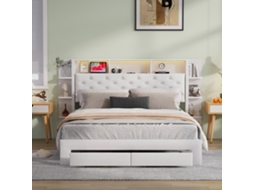 Cama De Casal 160x200 Cm Com Luz Led E Carga Usb | Cama Acolchoada Com Armazenamento (gavetas + Prateleiras) | Veludo Branco Moderna