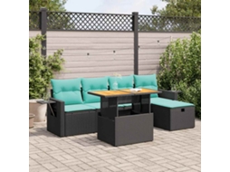 Vidaxl 6 Pcs Conjunto Sofás Jardim C/ Almofadões Vime Pe/acácia Preto