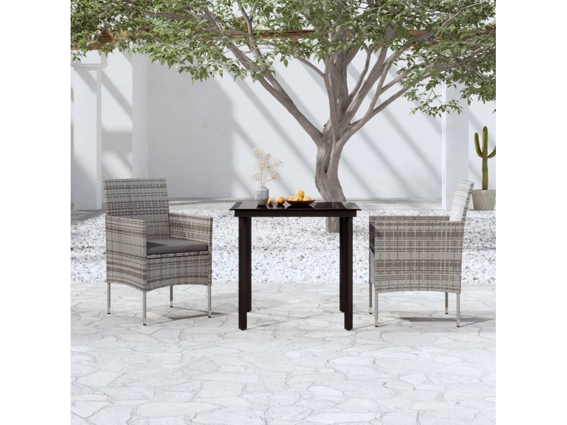 Vidaxl 3 Pcs Conj. De Jantar Para Jardim C/ Almofadões Cinzento/preto