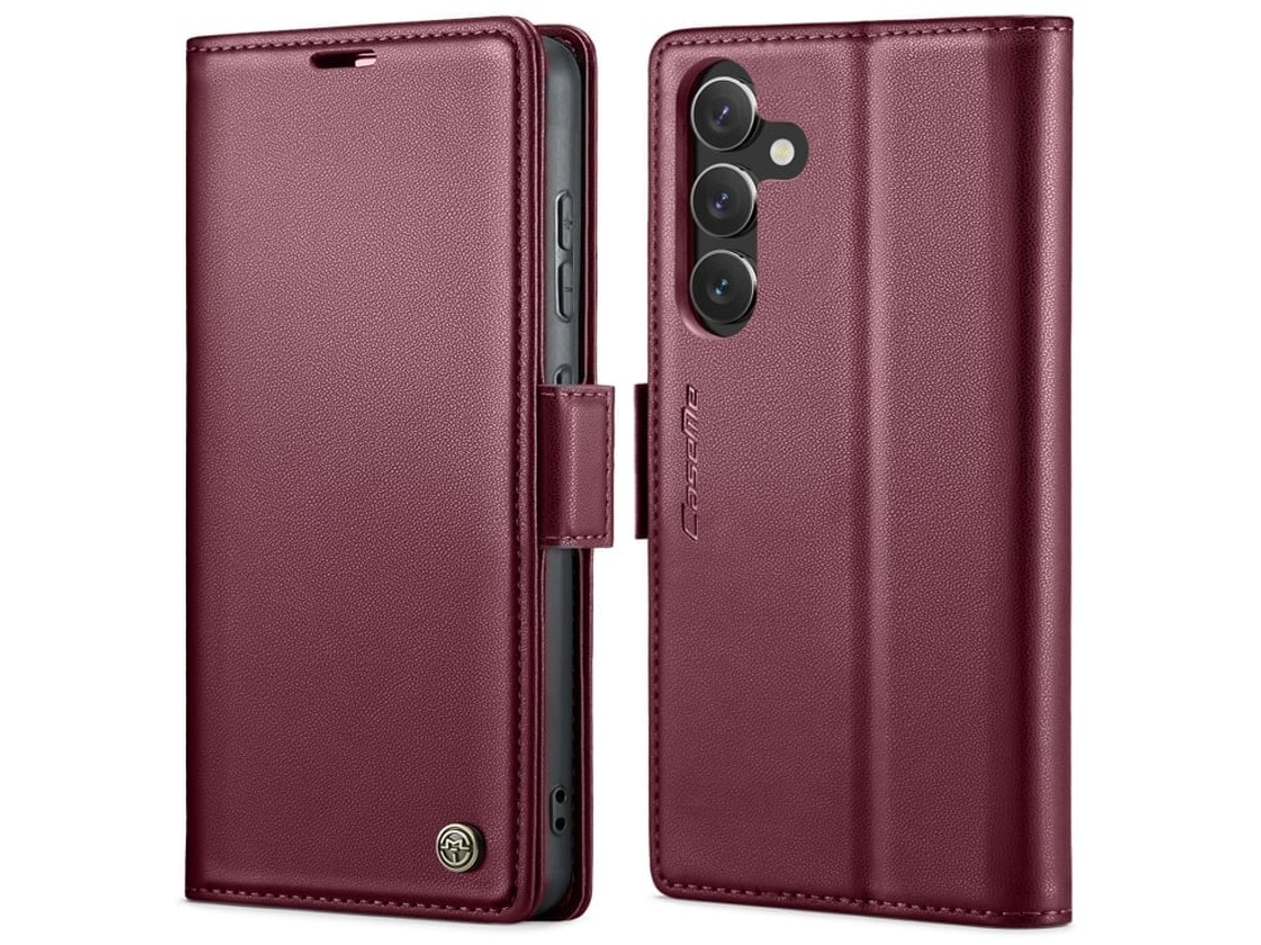 Capa Para Samsung Galaxy A55 Borboleta Fivela Litchi Textura De Telefone De Couro Rfid Antirroubo Vinho Vermelho