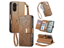 Capa Carteira De Couro Com Zíper, Estampa De Flores E Folhas, Com Alça, Para Xiaomi Poco C71 4g