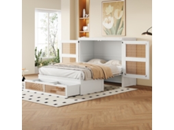 Cama Armário 140x200cm Prateleiras Gavetas Design Rattan Branco