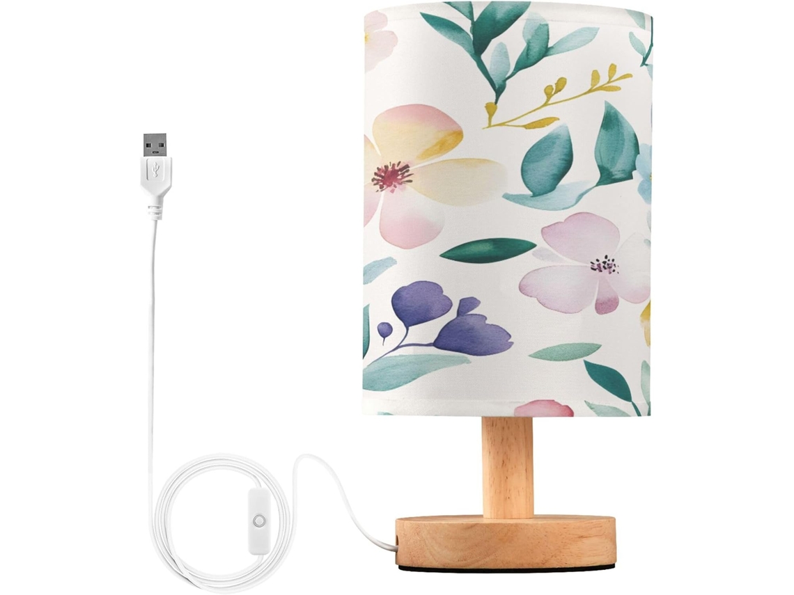 Abajur De Cabeceira Em Aquarela Com Estampa Flores Silvestres, Com Porta Usb, Sem Necessidade De Lâmpada, Luz Led Quente