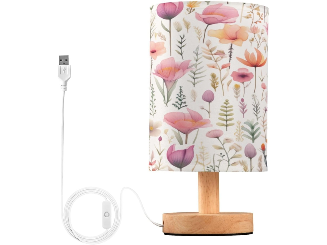Abajur De Cabeceira Com Estampa Floral Em Aquarela, Portas De Carregaje USB C, Luminária De Mesa Cabeceira, Luminária