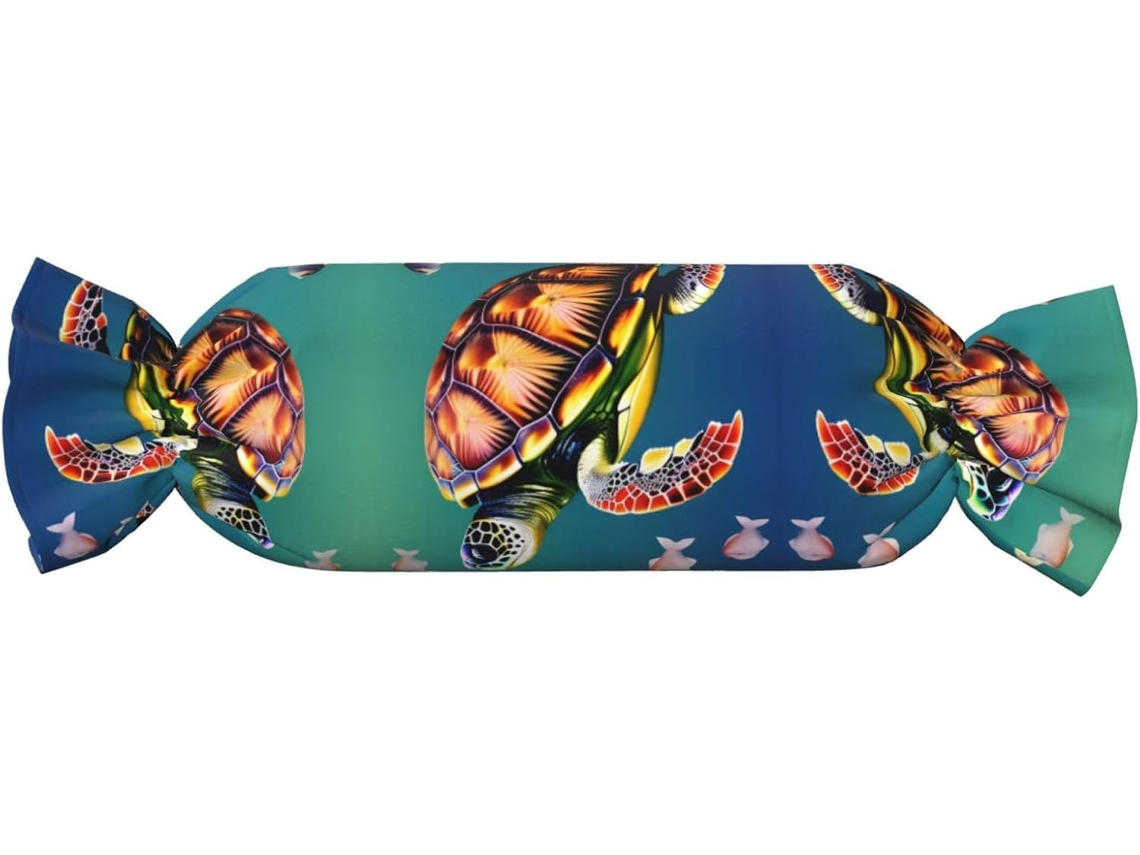 Almofada Cilíndrica Formato de Tartaruga Marinha com Peixes 100 % Poliéster Ideal para Viagens, Casa e