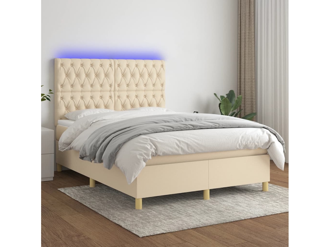 Vidaxl Cama Box Spring C/ Colchão E Led 140x200 Cm Tecido Cor Creme