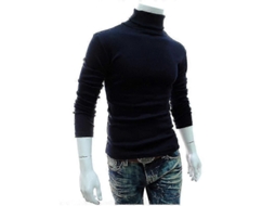 Suéter De Gola Alta Masculino De Tricot Solido De Algodão Misturado Manga Longa Para Outono E Primavera Casual Azul Marinho