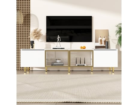 Móvel Tv Branco Minimalista Com 4 Portas , Montagem Flexível (170x33x30cm) Panshiyuan (2 Em Vidro)