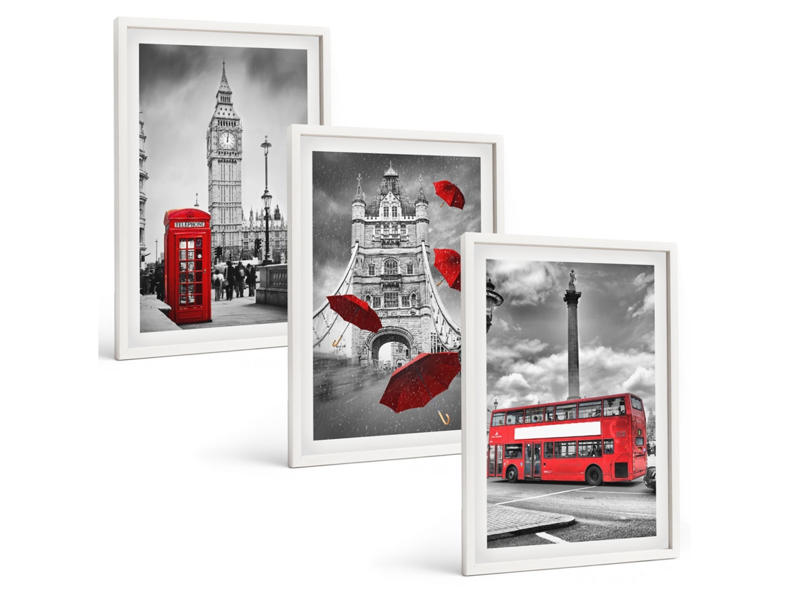 Composição De Quadros Na Parede Guarda-chuva Vermelho, Barraca E Ônibus Em Londres Moldura Branca Pinturas De Quarto Espelharte (3 Piezas De 40x60 Cm)